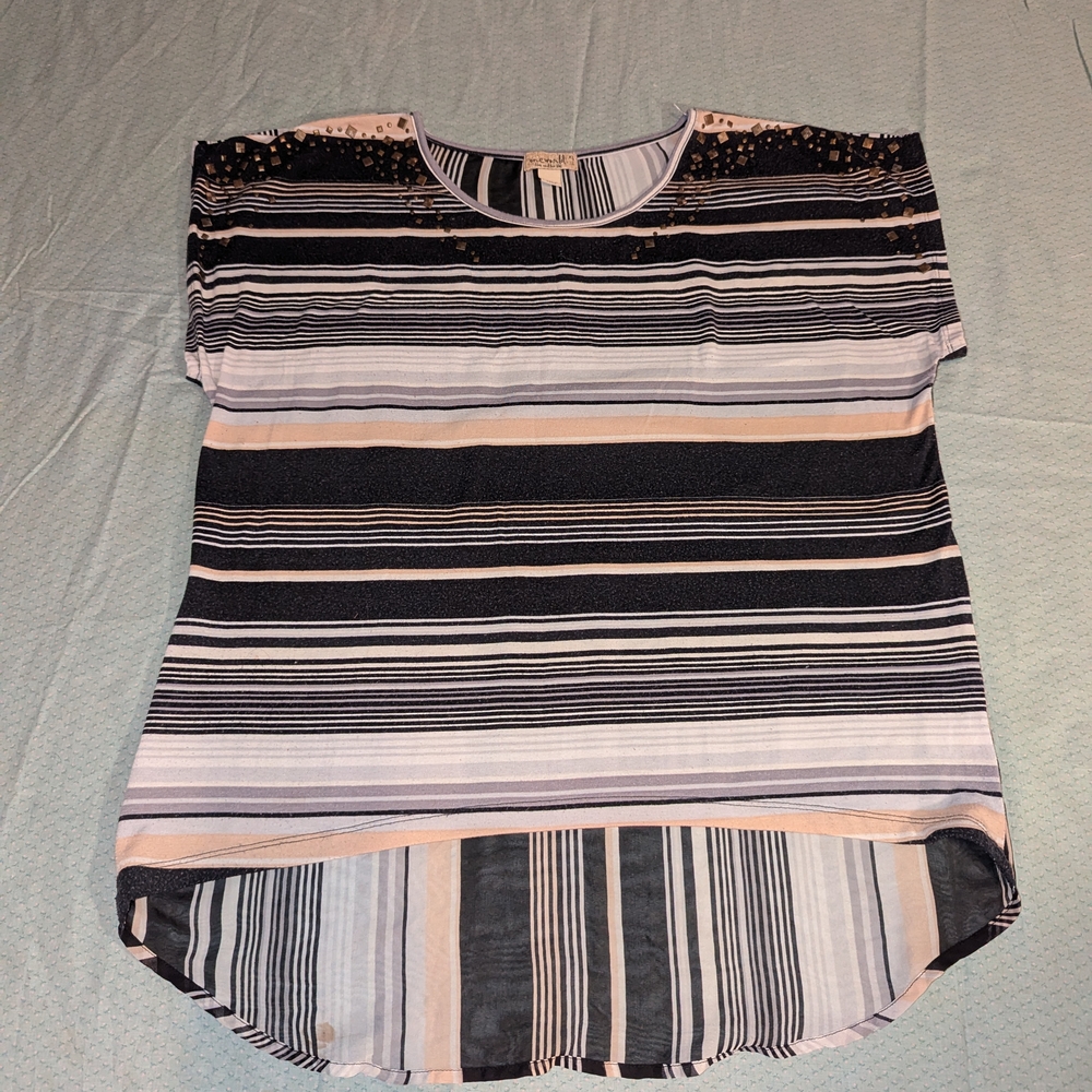 ONE WORLD Black and White Striped Blouse with Tan Accents